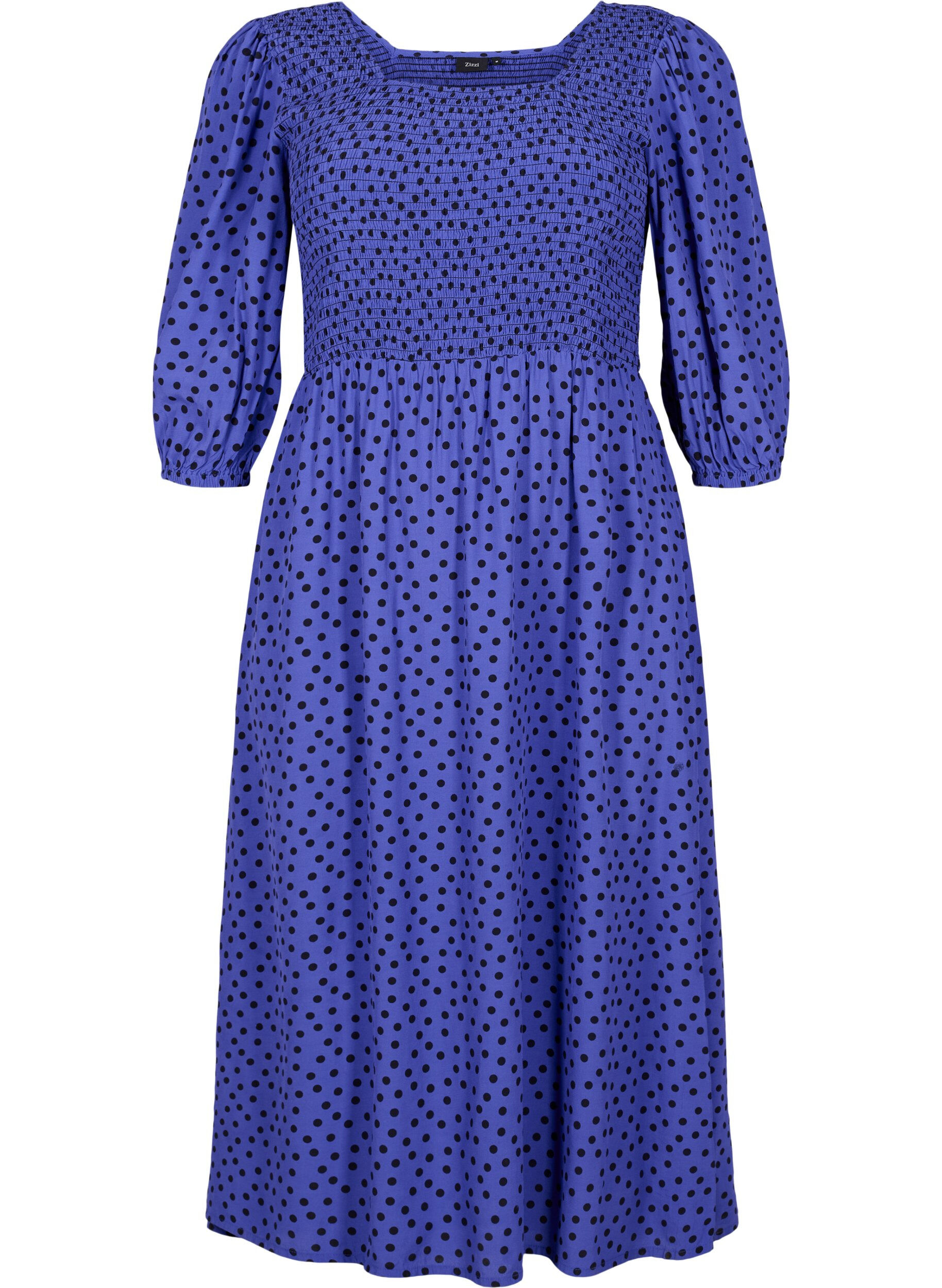 Zizzi Polka dotted viscose dress with smock, R.Blue w. Black Dot, Packshot image number 0