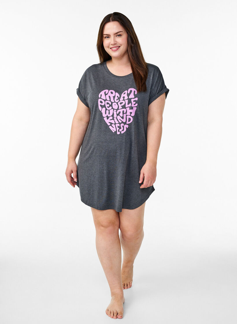 Koszula nocna z krótkim rekawem i nadrukiem tekstowym, Czarne, Model image number 1