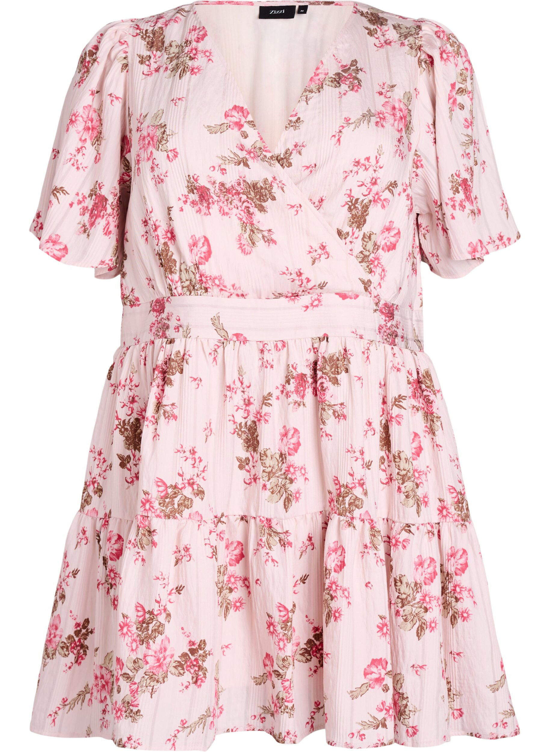 Kr&oacute;tka sukienka z kwiatowym nadrukiem i dekoltem w szpic