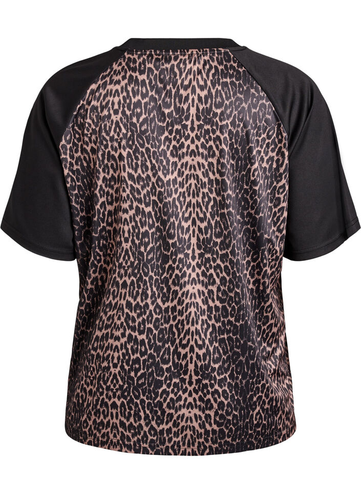 Koszulka treningowa z nadrukiem w ksztalcie leopard&oacute;w i rekawami raglan, Brązowy, Packshot image number 1