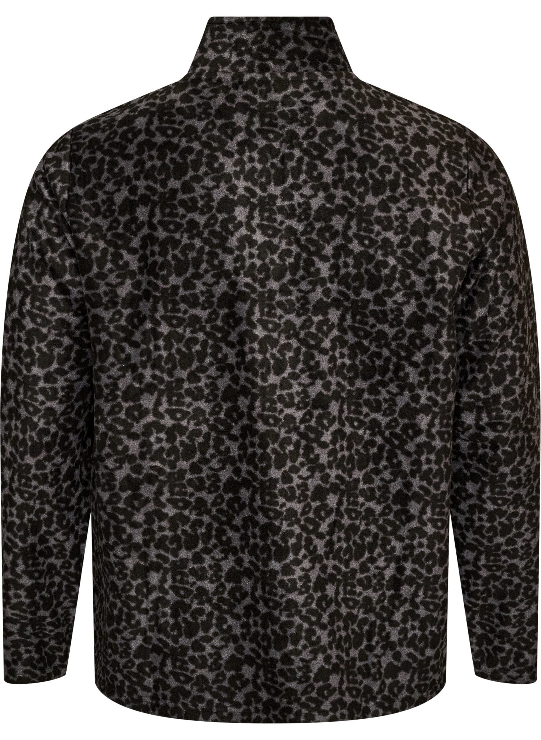 ZizziKurtka polarowa w stylu leopardowym z wysokim kolnierzem, Czarne, Packshot image number 1
