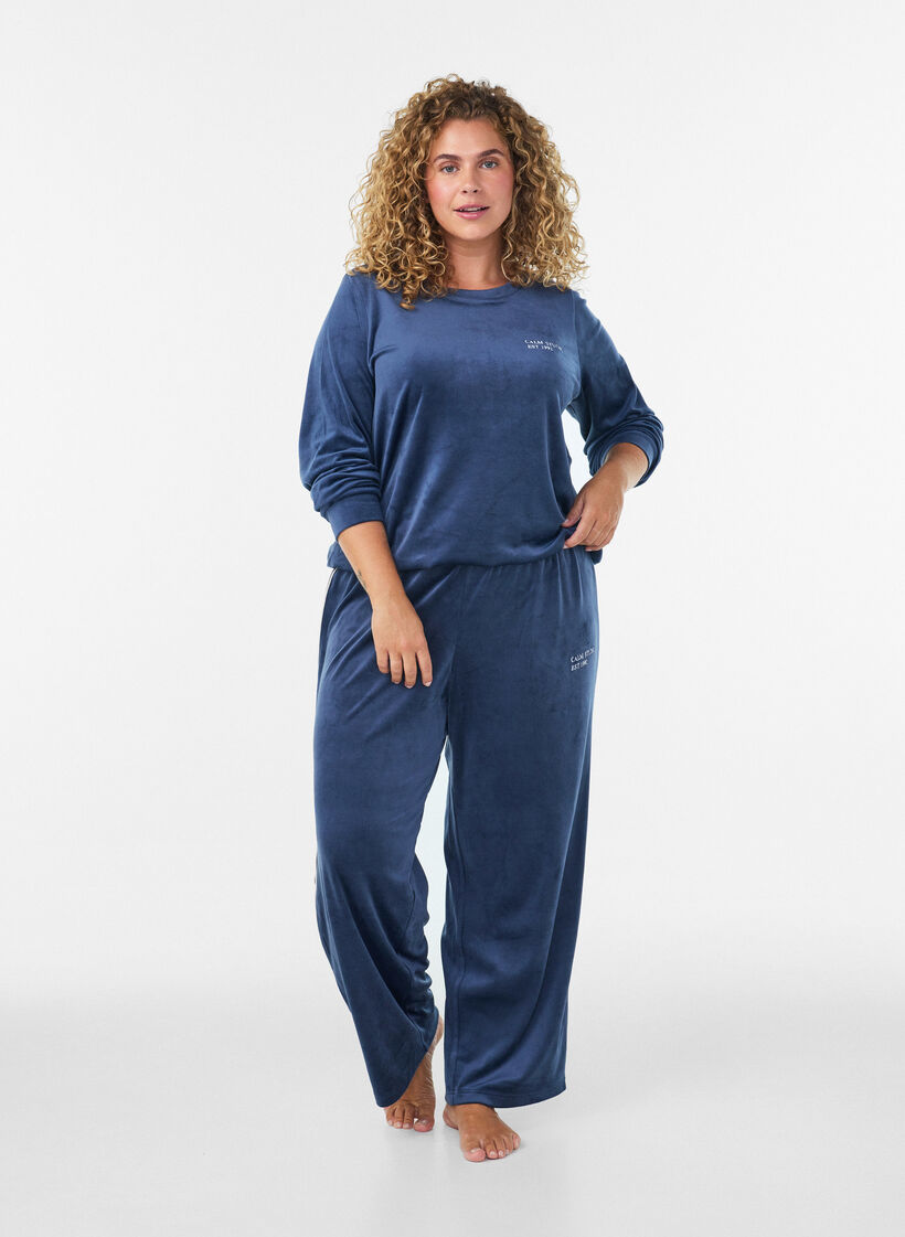 Bluzka Welurowa z haftowanym tekstem, Niebieskie, Model image number 1