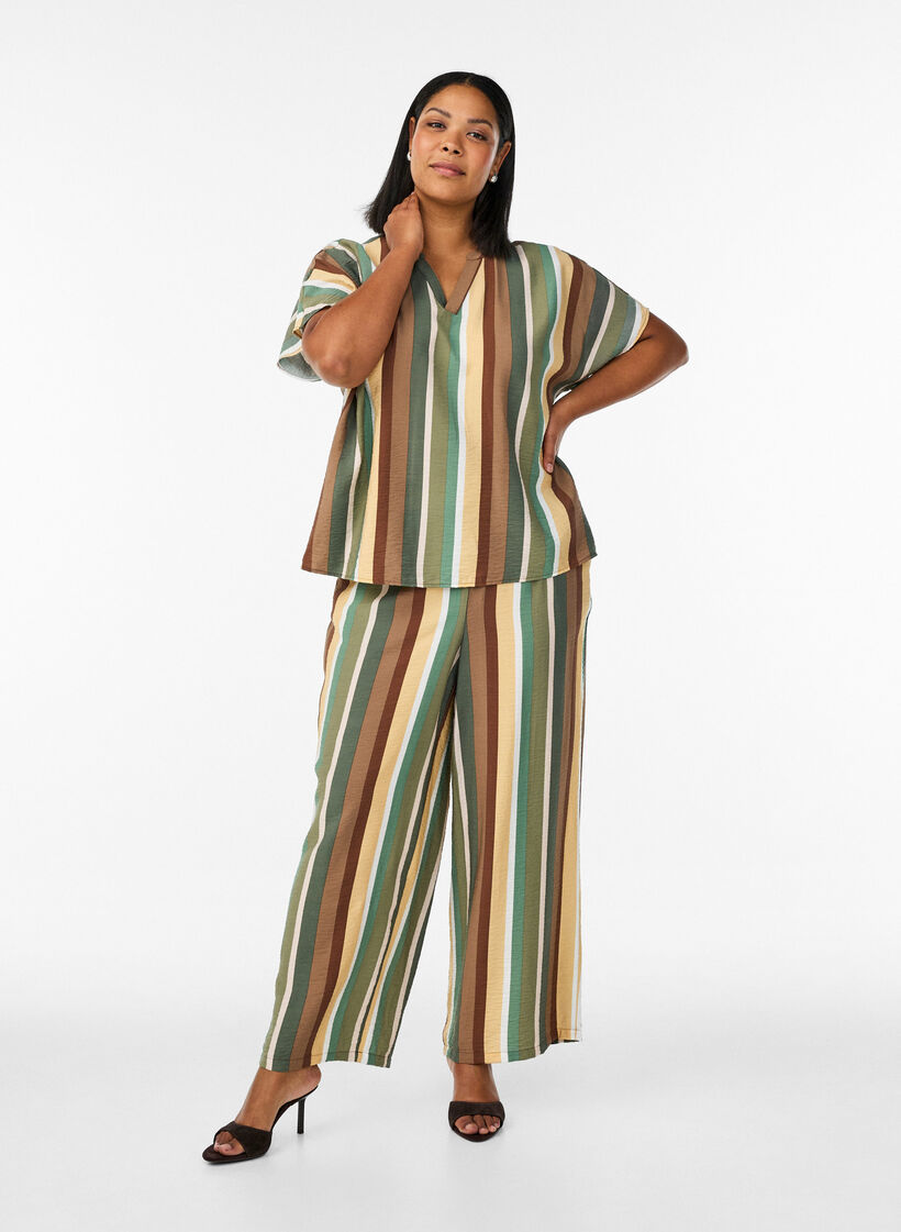 Luzne wiskozowe spodnie w paski, Brązowy, Model image number 0