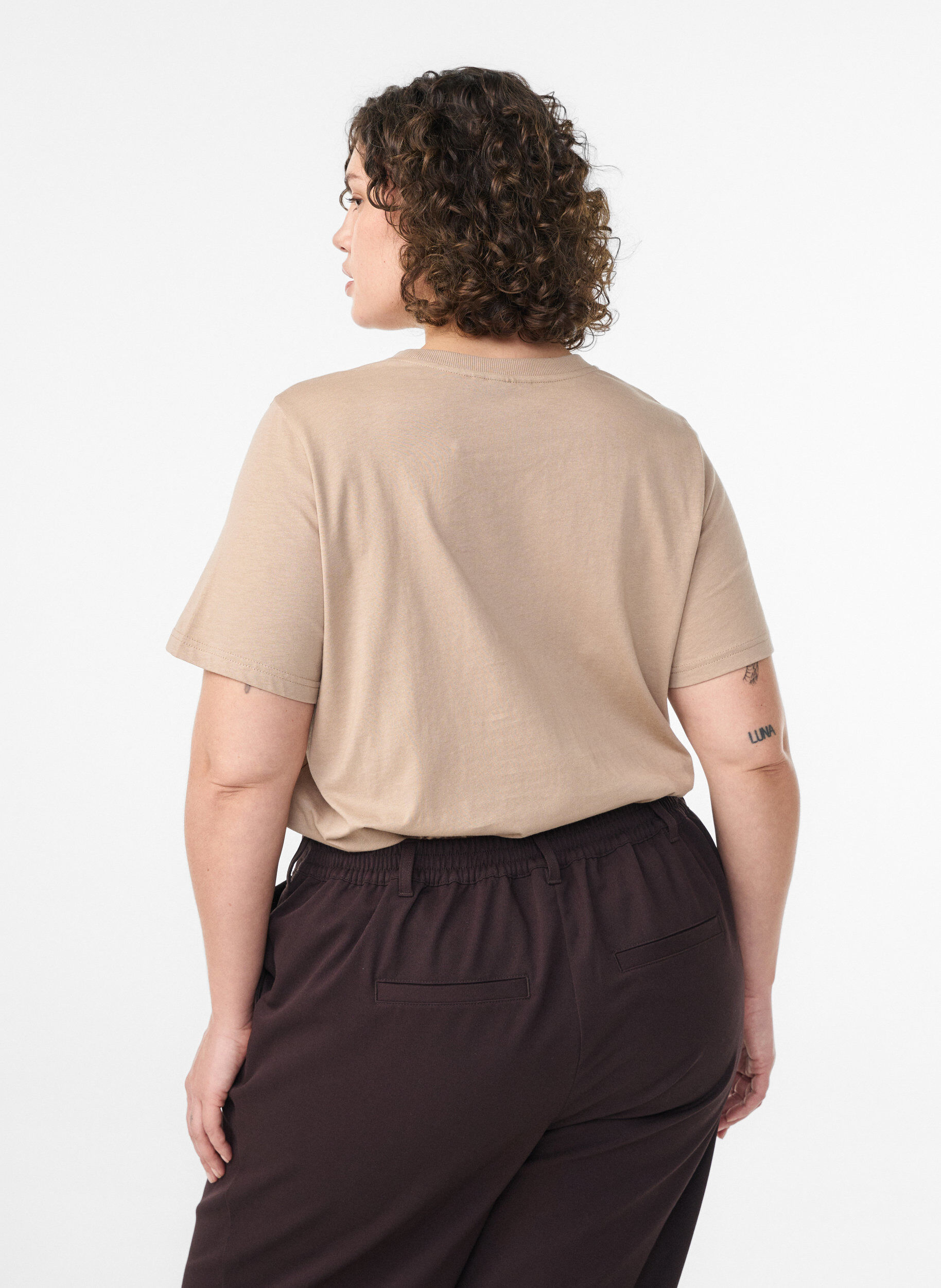 ZizziPodstawowa koszulka bawelniana z okraglym dekoltem, Beżowy, Model image number 2