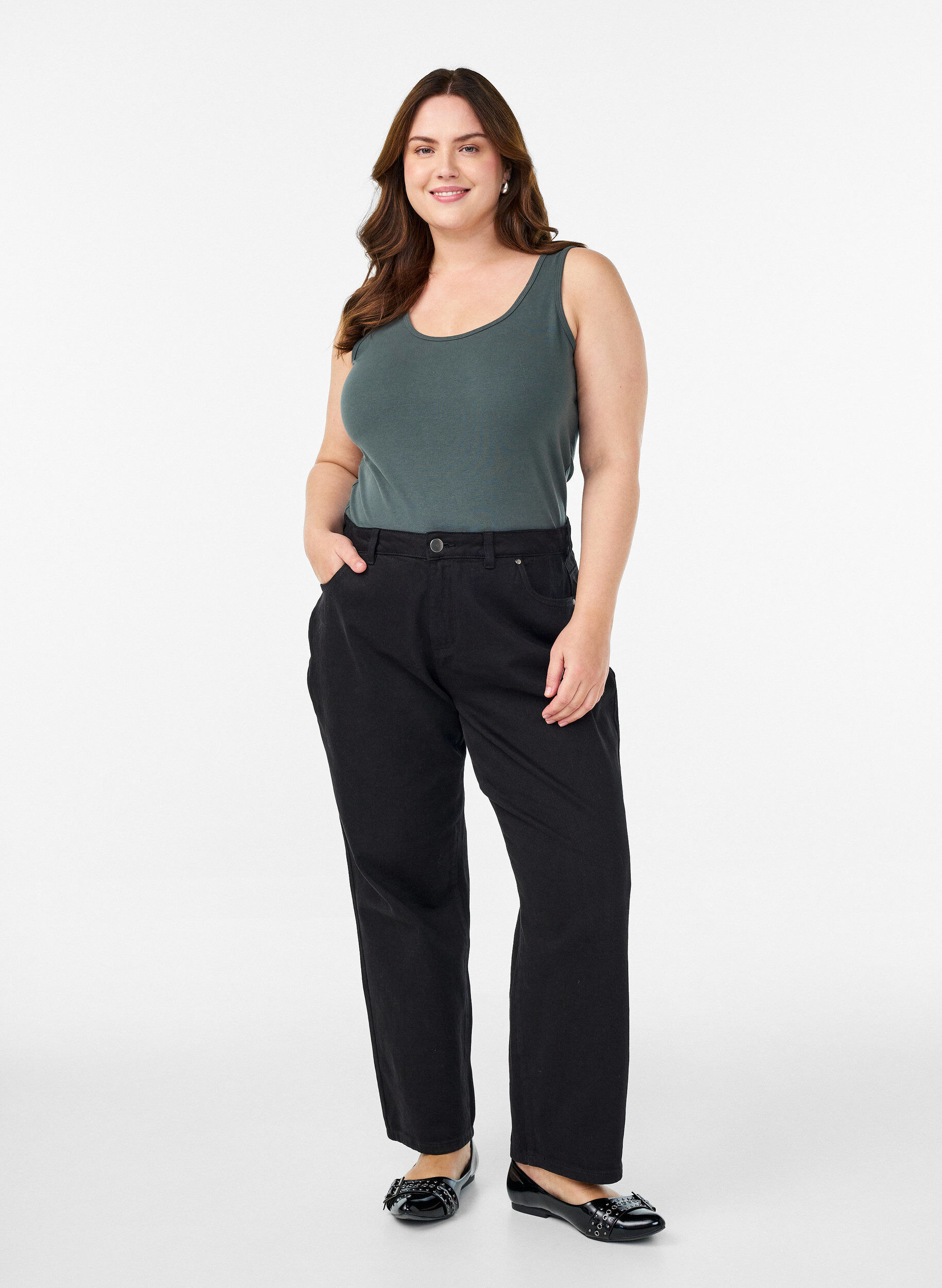 Zizzi Podstawowy top bawelniany w jednolitym kolorze, Zielony, Model image number 1