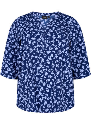 Bluzka w kwiaty z rekawami 3/4, M. Blue Flower AOP, Packshot image number 0