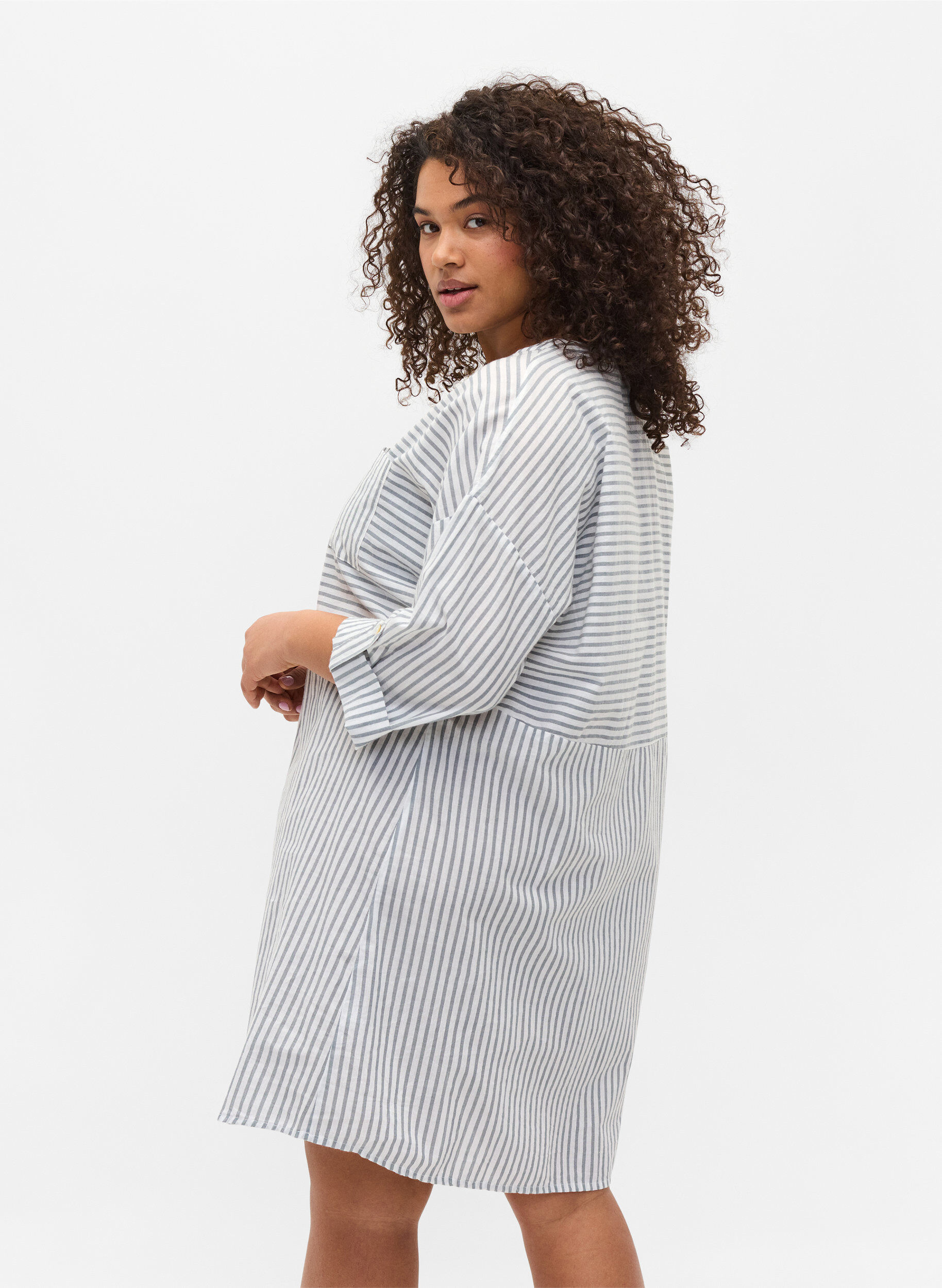Zizzi Striped tunic with buttons and 3/4-sleeves, Trooper Stripe, Model image number 1