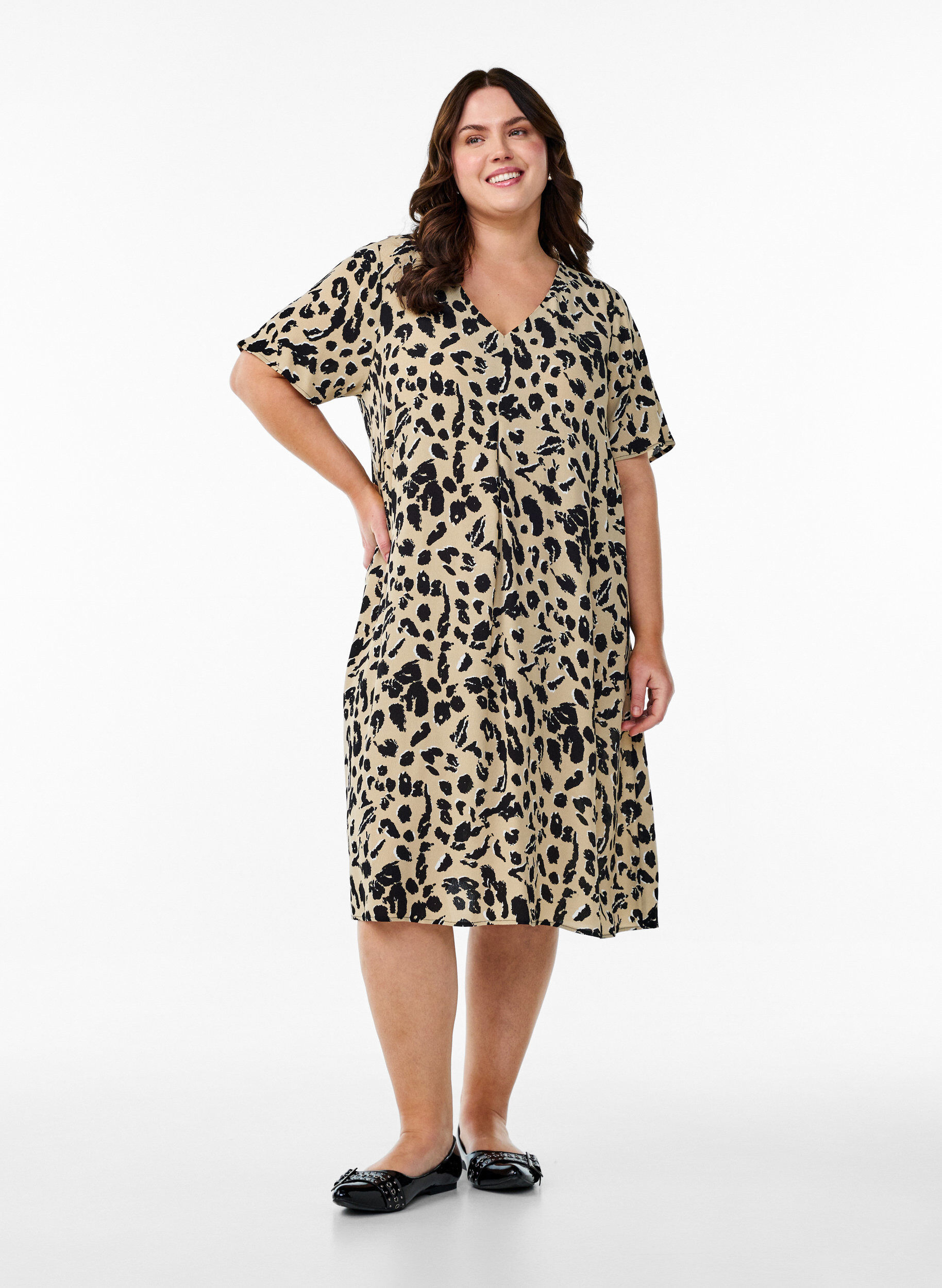 Zizzi Wiskozowa sukienka o linii A, Beżowy, Model image number 1