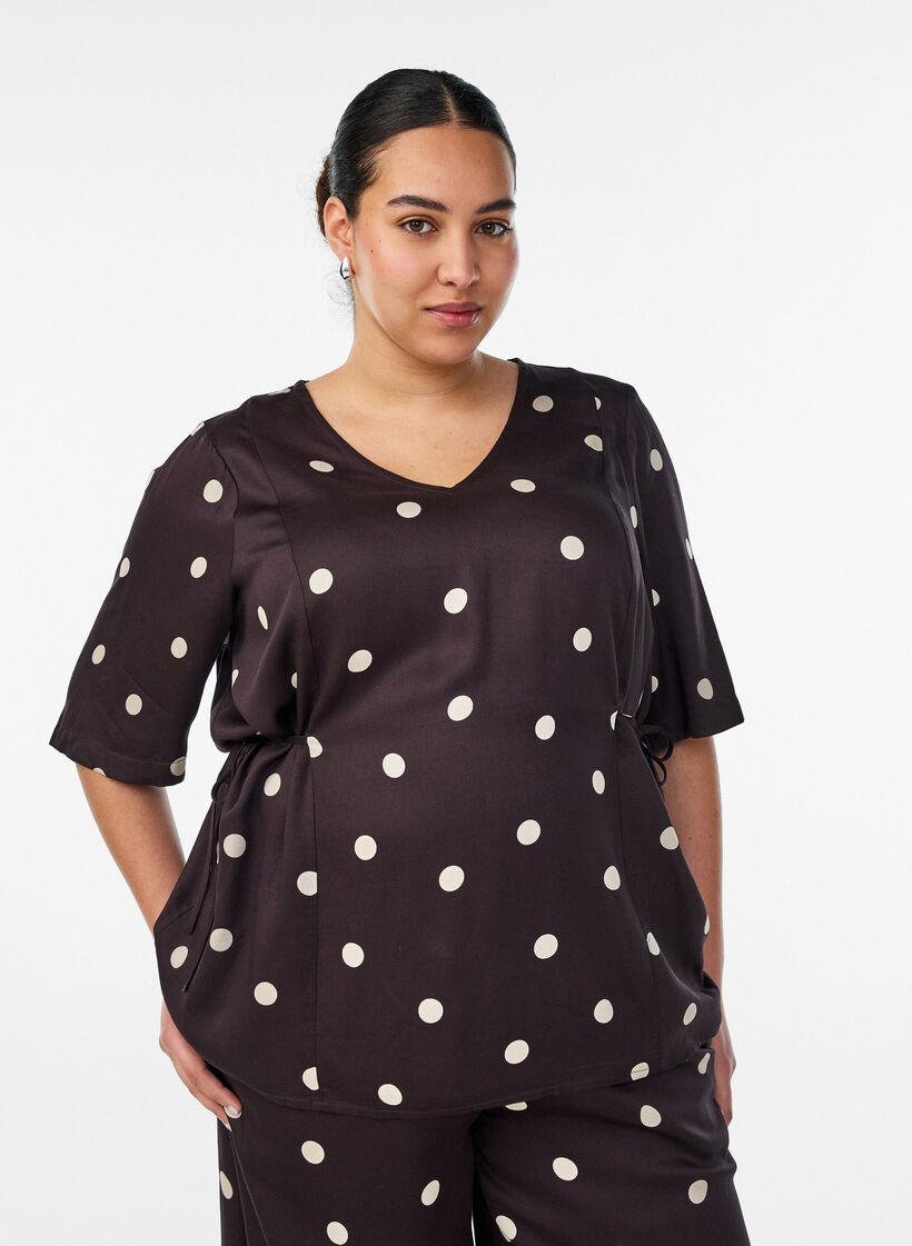 Bluzka z wiskozy Polka dot z dekoltem w ksztalcie litery V i wiazaniami, Brązowy, Model image number 0