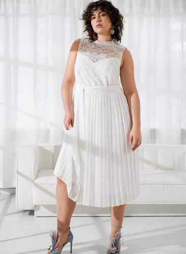 Sukienka bez rekawów z koronka i plisami, Bright White, Image image number 0