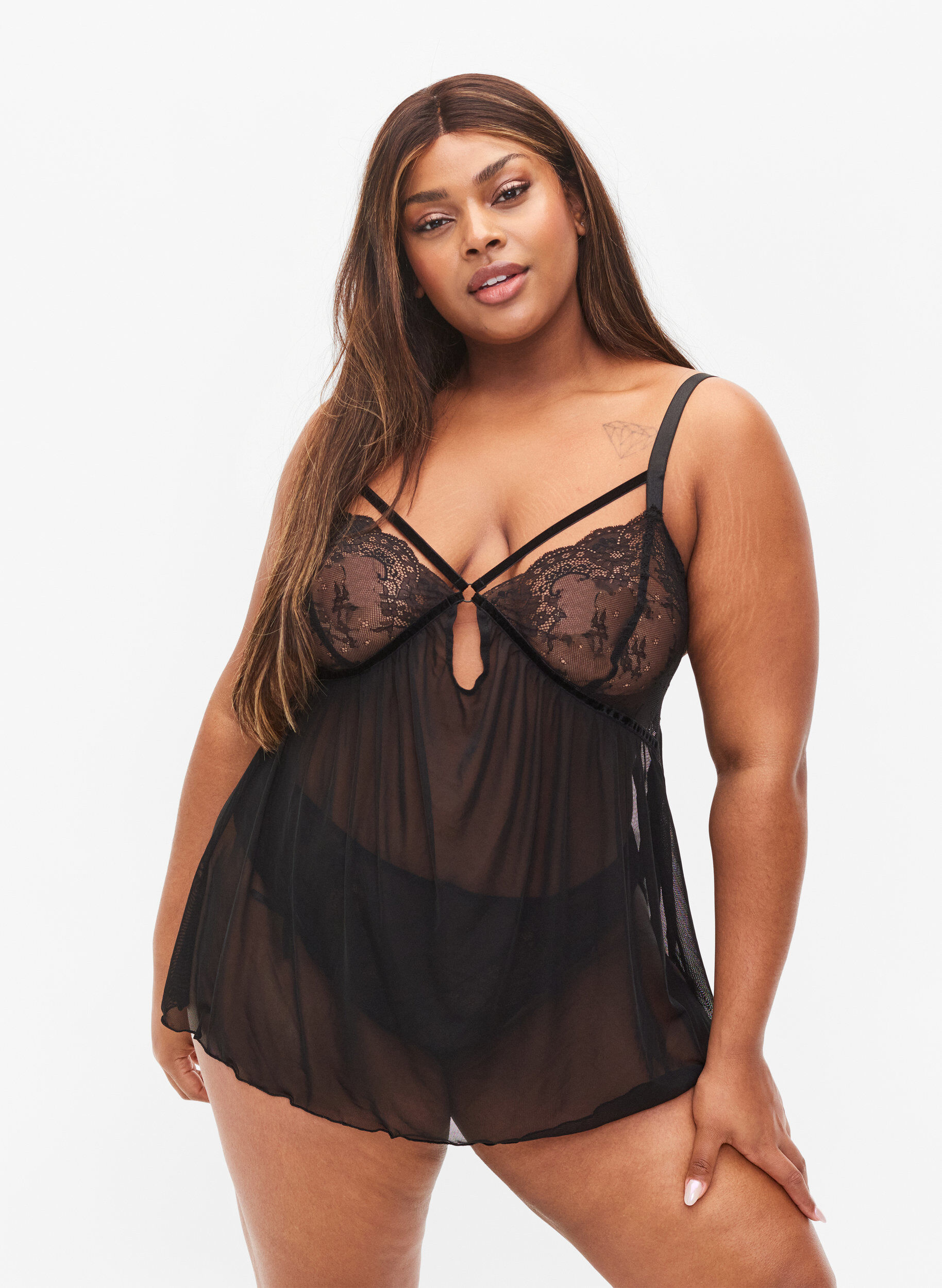 Zizzi Transparent chemise with lace, Black, Model image number 0