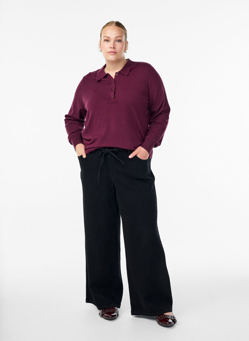 Dzianinowa bluzka z kolnierzykiem, Ciemnobordowy, Model image number 1