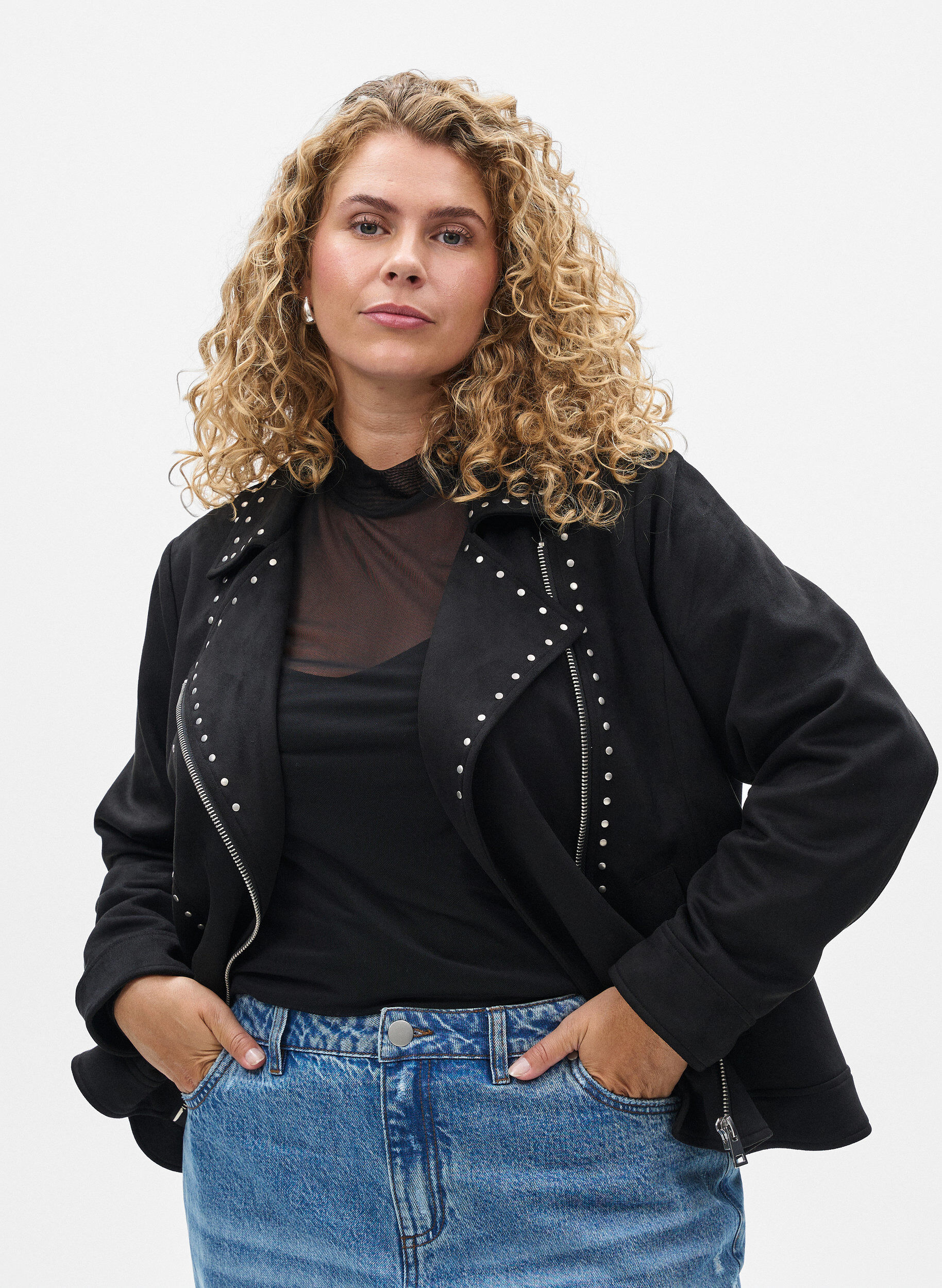 Kurtka motocyklowa ze sztucznego zamszu z&nbsp;cwiekami, Czarne, Model