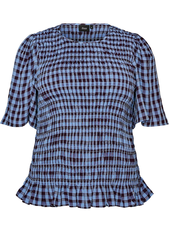 Bluzka w stylu fartuszka z kratka gingham i falbana na dole, Niebieskie, Packshot image number 0