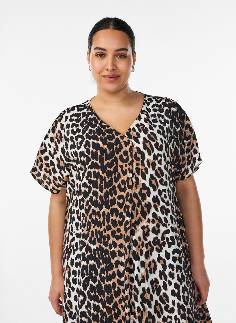 Wiskozowa sukienka z dekoltem w szpic, Brązowy, Model image number 2