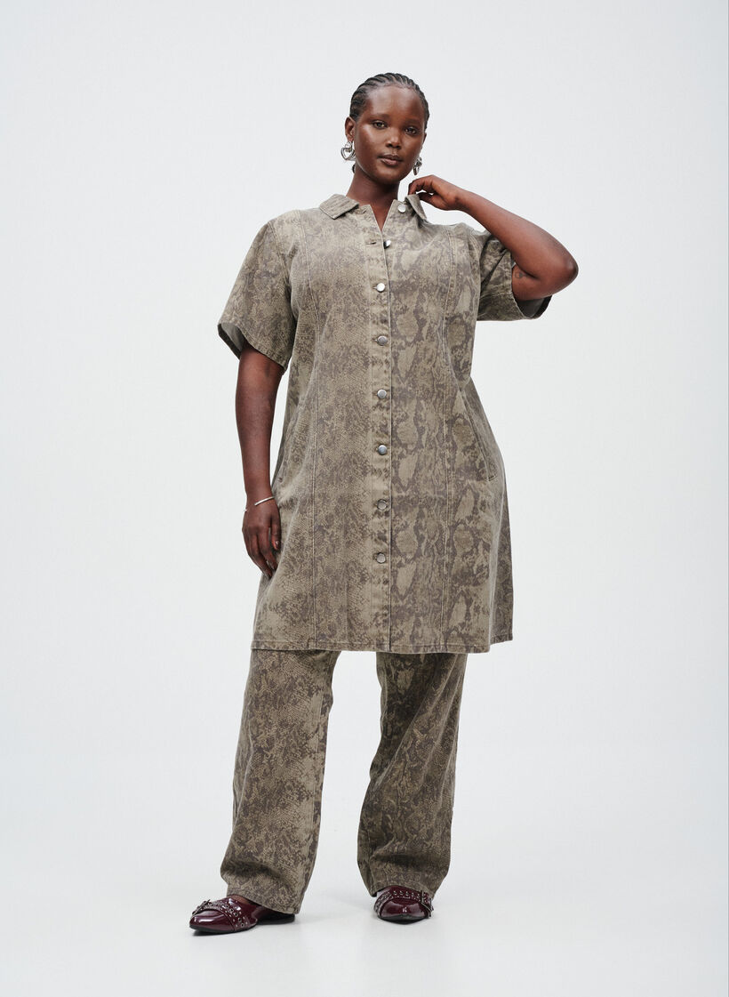 Krótka dzinsowa sukienki z wezowym wzorem, Brązowy, Image image number 0