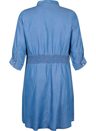 Miekka dzinsowa sukienka z rekawem 3/4 i marszczeniem, Blue denim, Packshot image number 1