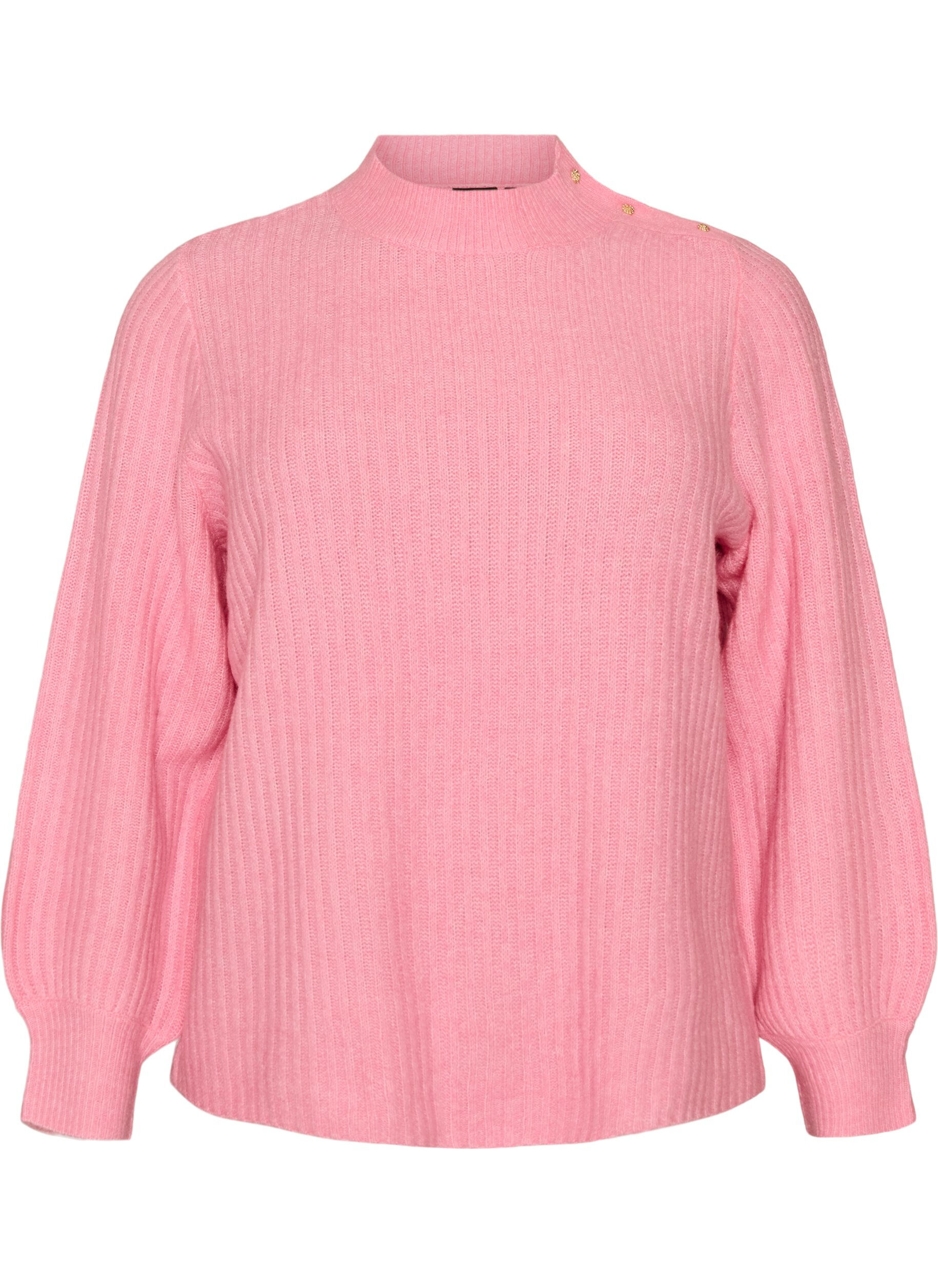 ZizziPrazkowany sweter z bufiastymi rekawami i guzikami, R&oacute;żowy, Packshot image number 0