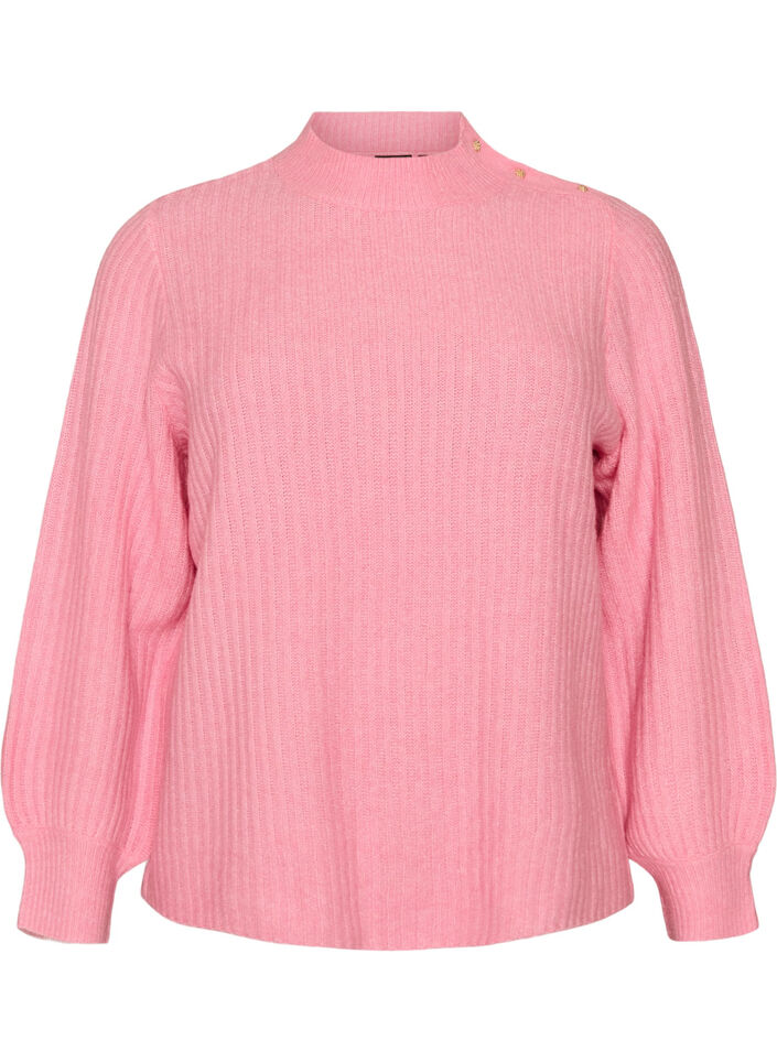 Prazkowany sweter z bufiastymi rekawami i guzikami, R&oacute;żowy, Packshot image number 0