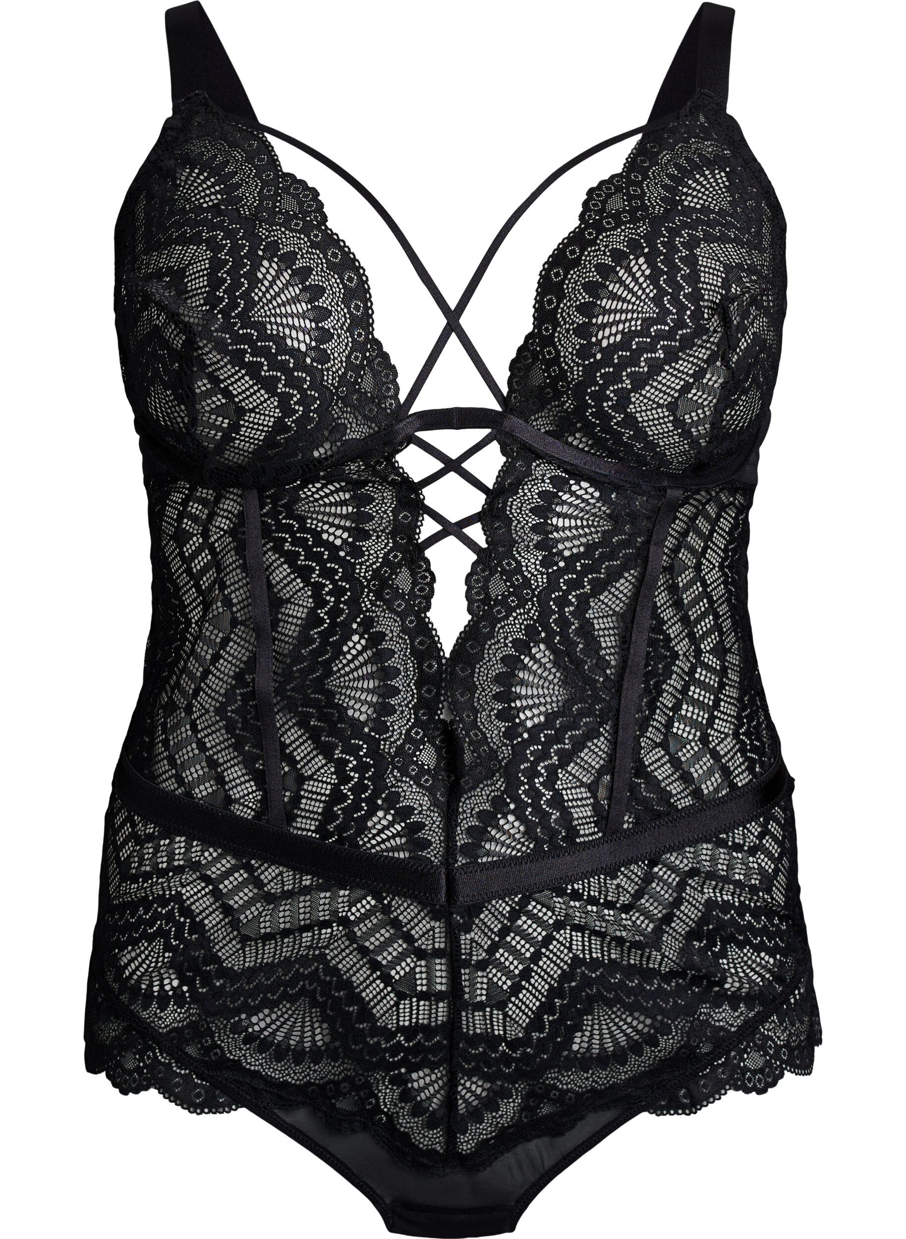 ZizziKoronkowe bodystocking z&nbsp;detalami z&nbsp;koronki, Czarne, Packshot image number 0