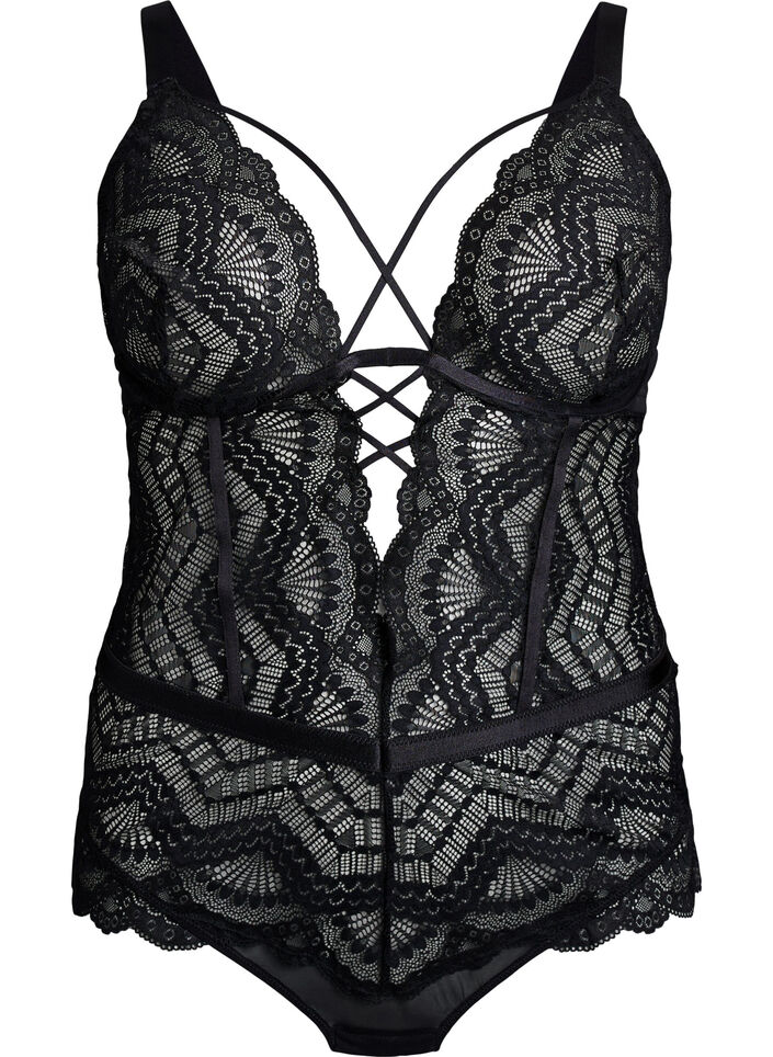 Koronkowe bodystocking z&nbsp;detalami z&nbsp;koronki, Czarne, Packshot image number 0