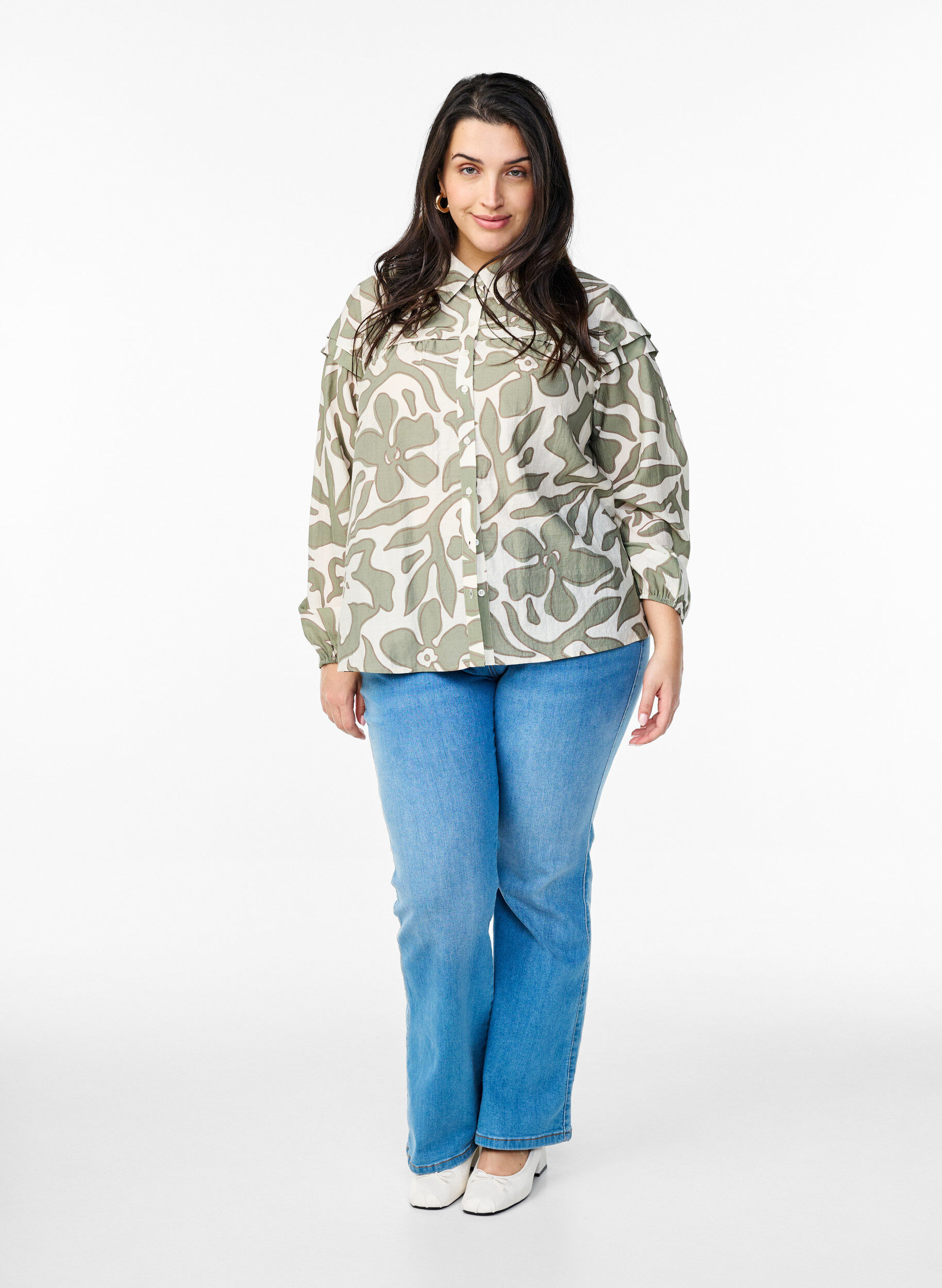 Zizzi Bluzka koszulowa z nadrukiem i falbankami, Zielony, Model image number 1