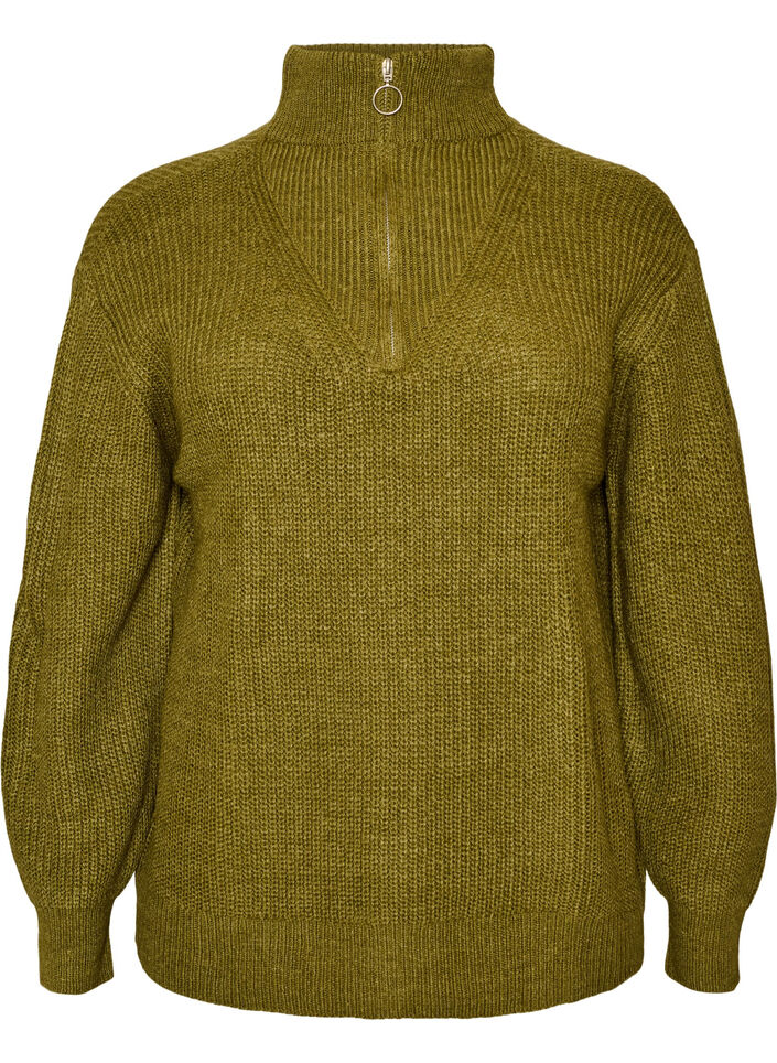 Sweter z wysokim kolnierzem i zamkiem blyskawicznym, Zielony, Packshot image number 0