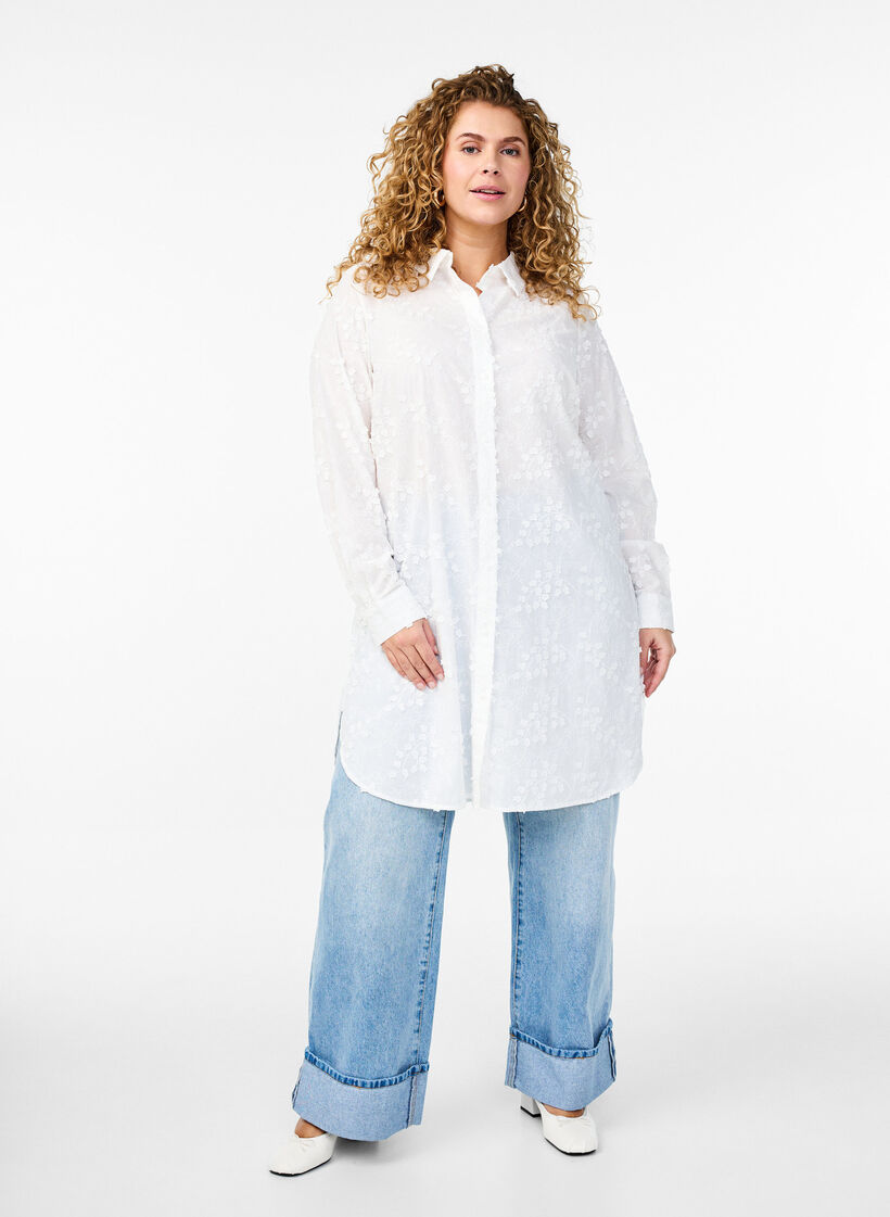 Sukienka koszulowa z haftowanymi kwiatami, Biały, Model image number 1