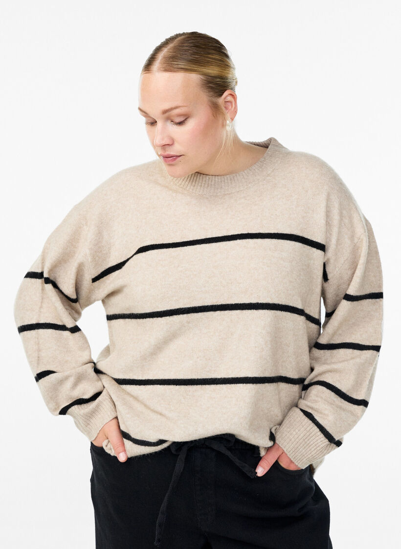 Luzny sweter w paski, Beżowy, Model image number 0
