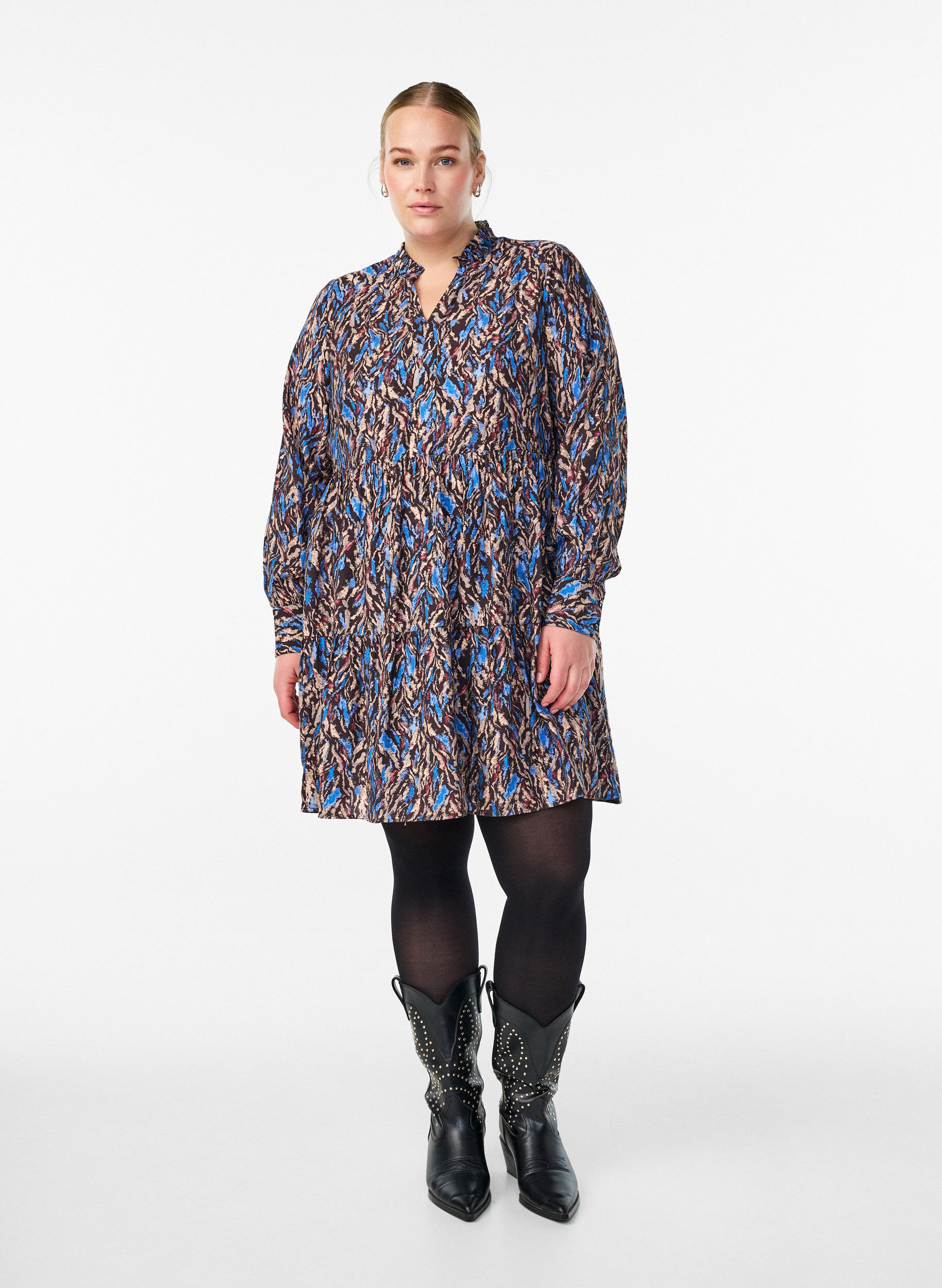 Zizzi Sukienka w kroju A z falbanka na kolnierzu, Niebieskie, Model image number 1