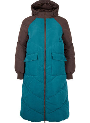 Dluga kurtka zimowa z blokami kolorów i kapturem, Deep Teal Comb, Packshot image number 0