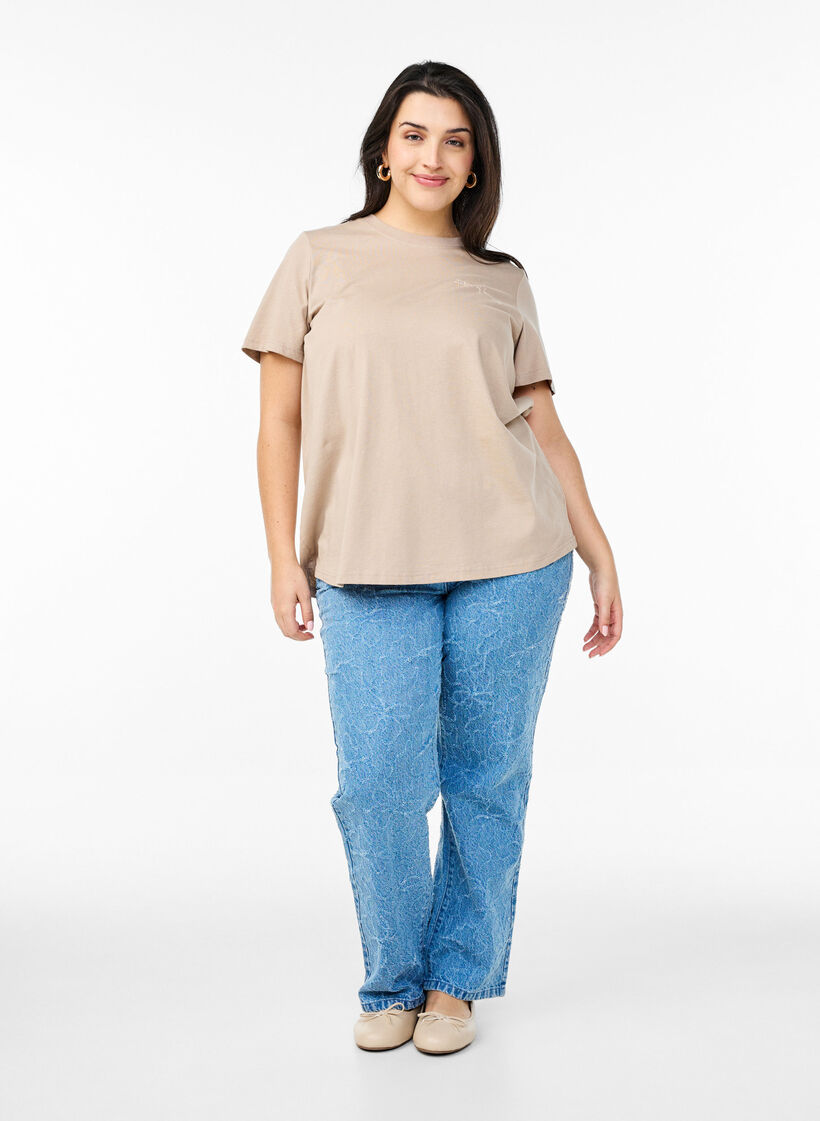 T-shirt z nadrukiem tekstowym i okraglym dekoltem, Brązowy, Model image number 1