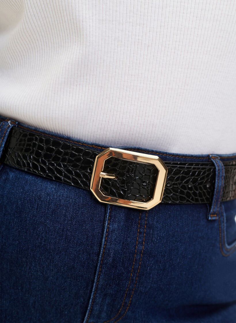 Pasek ze sztucznej skóry z krokodylim wzorem, Black w. Gold Buckle, Model image number 1