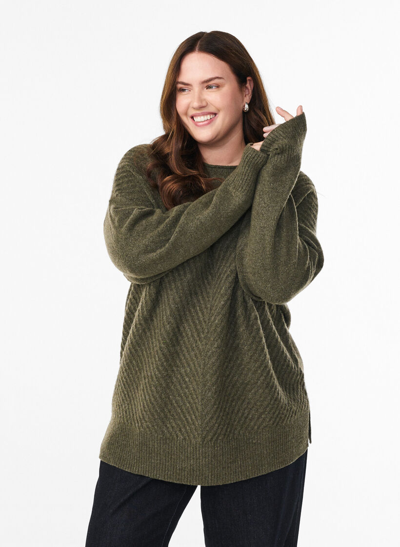 Dzianinowa bluzka z prazkowanym wzorem w ksztalcie litery V i rozcieciami, Zielony, Model image number 0