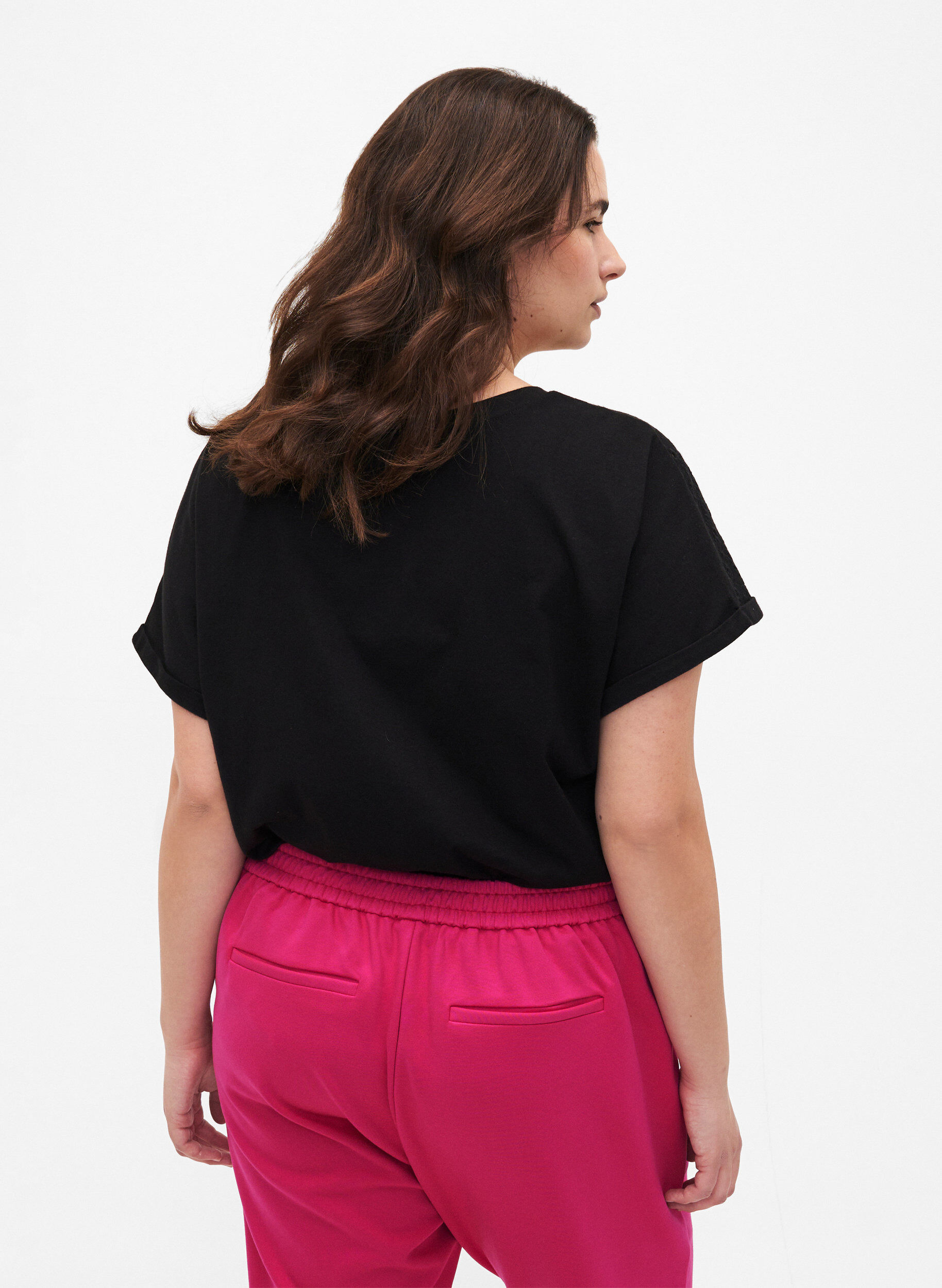 Zizzi T-shirt z organicznej bawelny z haftem angielskim, Black, Model image number 1