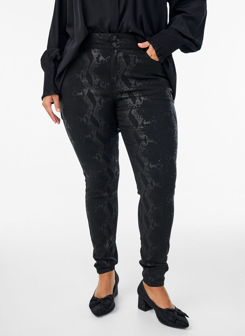 Spodnie slim fit we wzór skóry weza, Czarne, Model image number 2