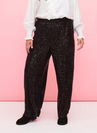 Cekinowe spodnie z gumka w pasie, Black, Model image number 2