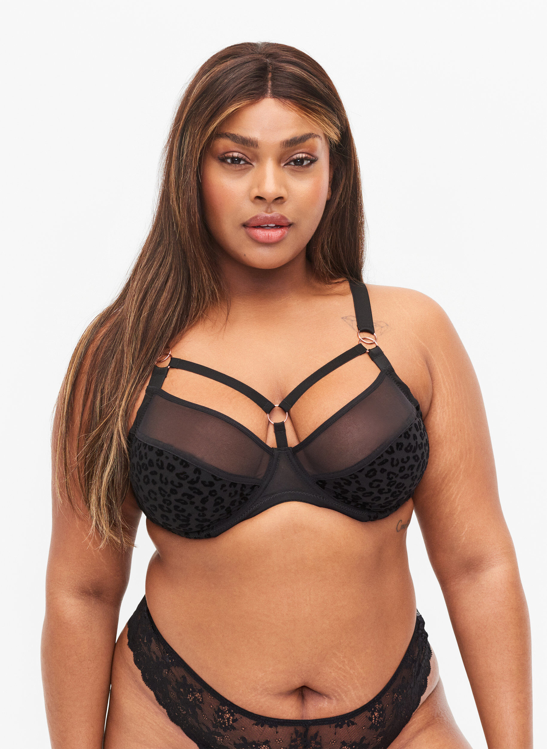 Zizzi Patterned bra with mesh and thong, Black, Model image number 0