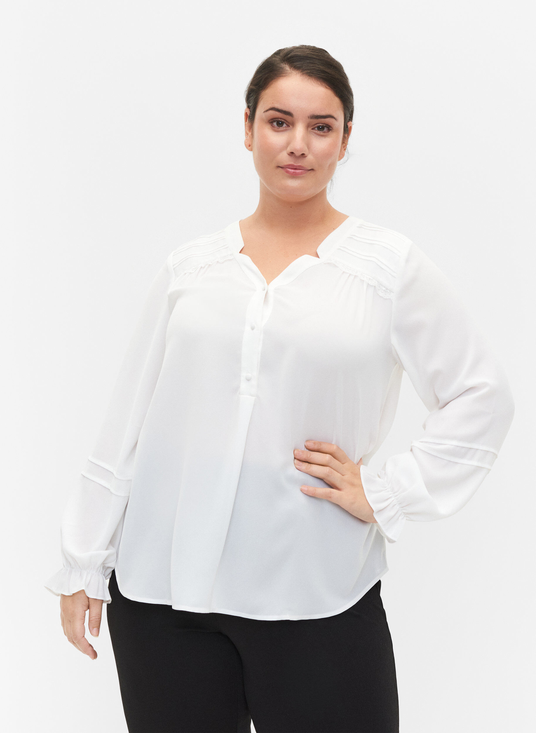 Zizzi Top with long sleeves and button closure, Bright White, Model image number 0