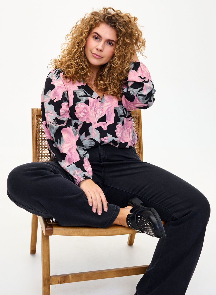 Bluzka koszulowa z dekoltem w serek i nadrukiem, Black Pale Mauve Fl., Image image number 0