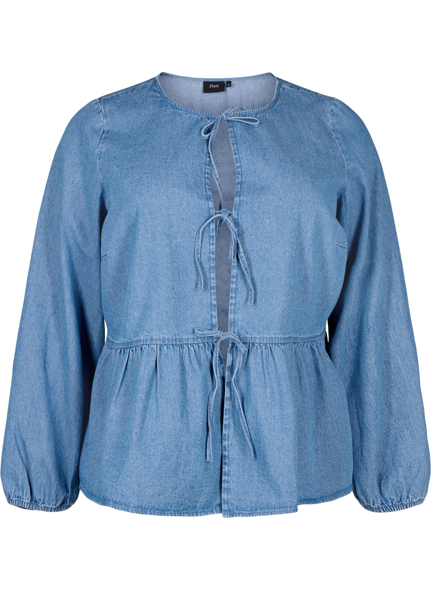 Zizzi Dzinsowa bluzka z baskinka i wiazaniem, Light Blue Denim, Packshot image number 0