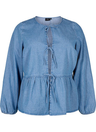 Dzinsowa bluzka z baskinka i wiazaniem, Light Blue Denim, Packshot image number 0
