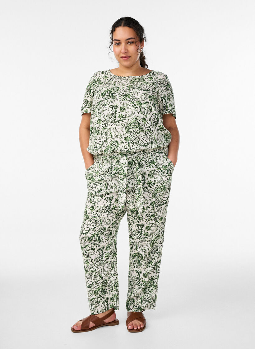 Bluzka z wiskozy z kr&oacute;tkim rekawem i nadrukiem, Zielony, Model image number 1