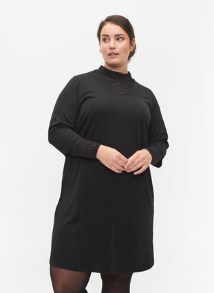 Gladka sukienka z dekoltem w szpic i rekawami 3/4, Black, Model image number 0