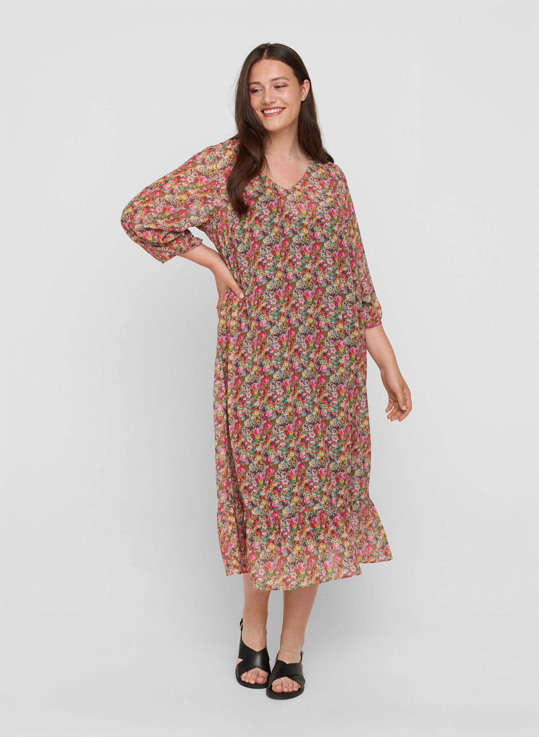 Zizzi Floral midi dress with a tie belt in the waist, Pink Flower AOP, Model image number 0