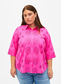 Bluzka koszulowa z haftem angielskim i rekawem 3/4, Raspberry Rose, Model