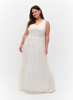 Suknia slubna bez rekawów z dekoltem w szpic, Star White, Model image number 0
