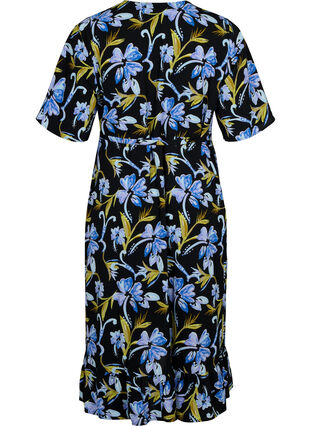 Kopertowa sukienka z nadrukiem i krótkim rekawem, Black Blue Flower, Packshot image number 1