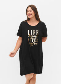 Koszula nocna z bawelny organicznej (GOTS) z krótkimi rekawami, Black W. Life , Model