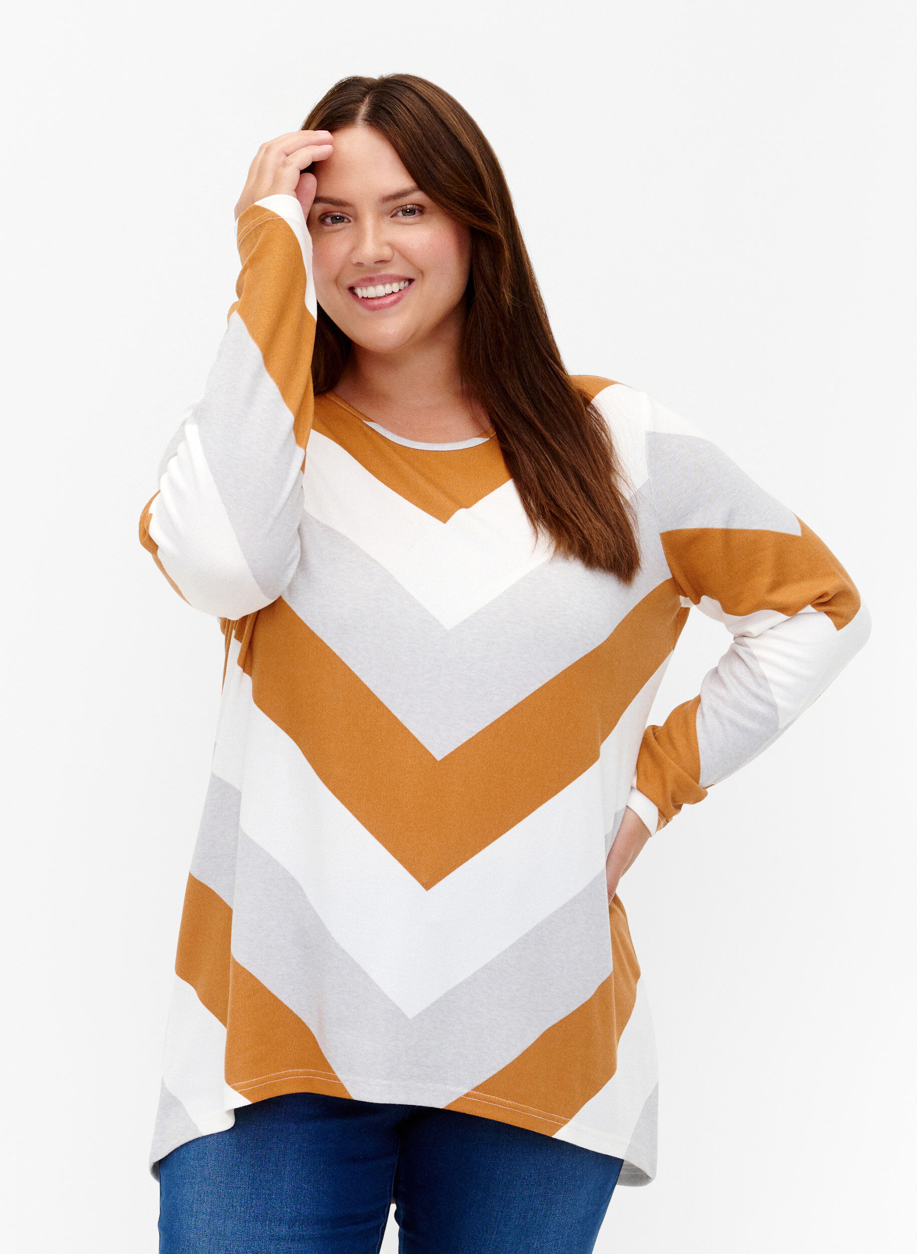 Zizzi Wzorzysta bluzka z dlugim rekawem, Beige Zig Zag, Model image number 0